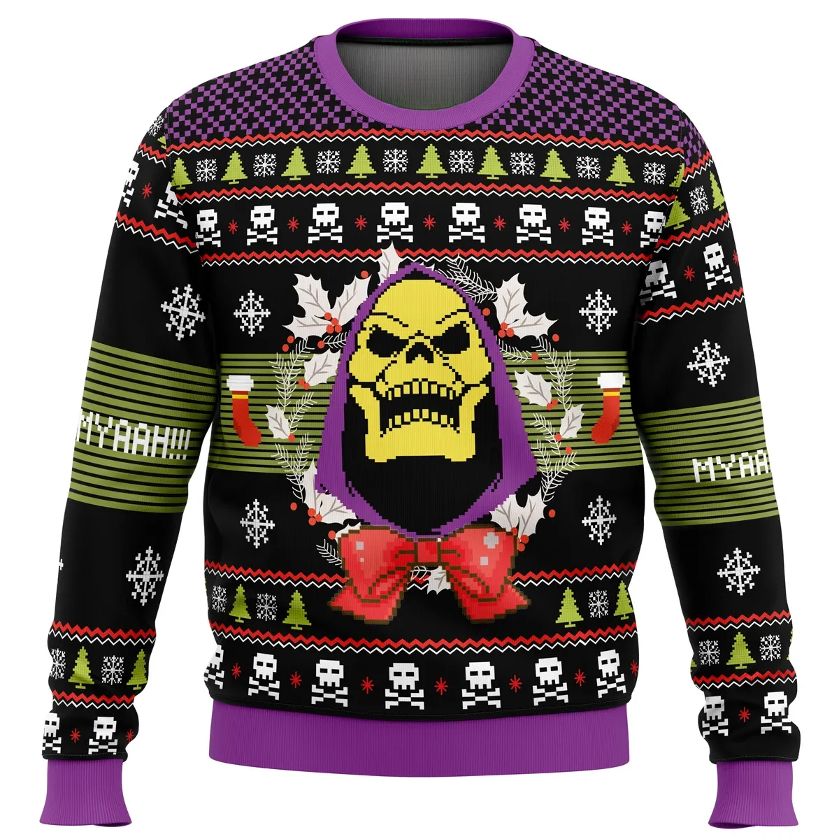 Skeletor Ugly Christmas Sweater, Masters of the Universe Myaah Holiday Sweater, He-Man Villain in Holly Wreath, Retro Cartoon Xmas Gift