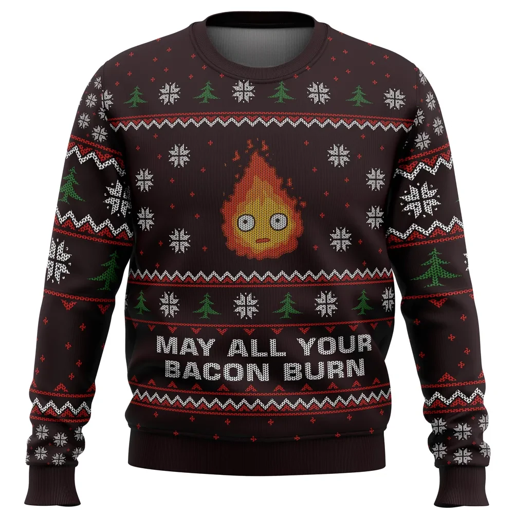 Calcifer May All Your Bacon Burn Ugly Christmas Sweater, Howl's Moving Castle Studio Ghibli Holiday Sweater, Anime Xmas Jumper