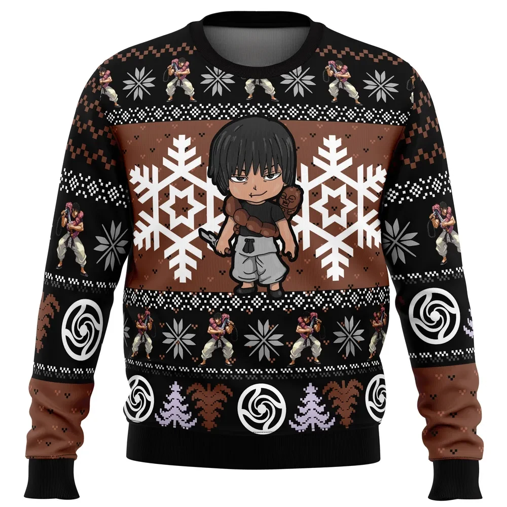 Chibi Toji Fushiguro Jujutsu Kaisen Ugly Christmas Sweater, JJK Sorcerer Killer Holiday Sweater, Brown and Black Anime Xmas Sweatshirt Gift