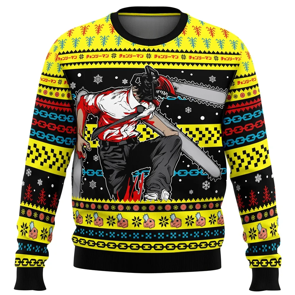 Christmas Chainsaw Man Ugly Christmas Sweater, Denji Devil Hunter Anime Holiday Sweatshirt, Pochita Unisex Xmas Gift for Anime Fans