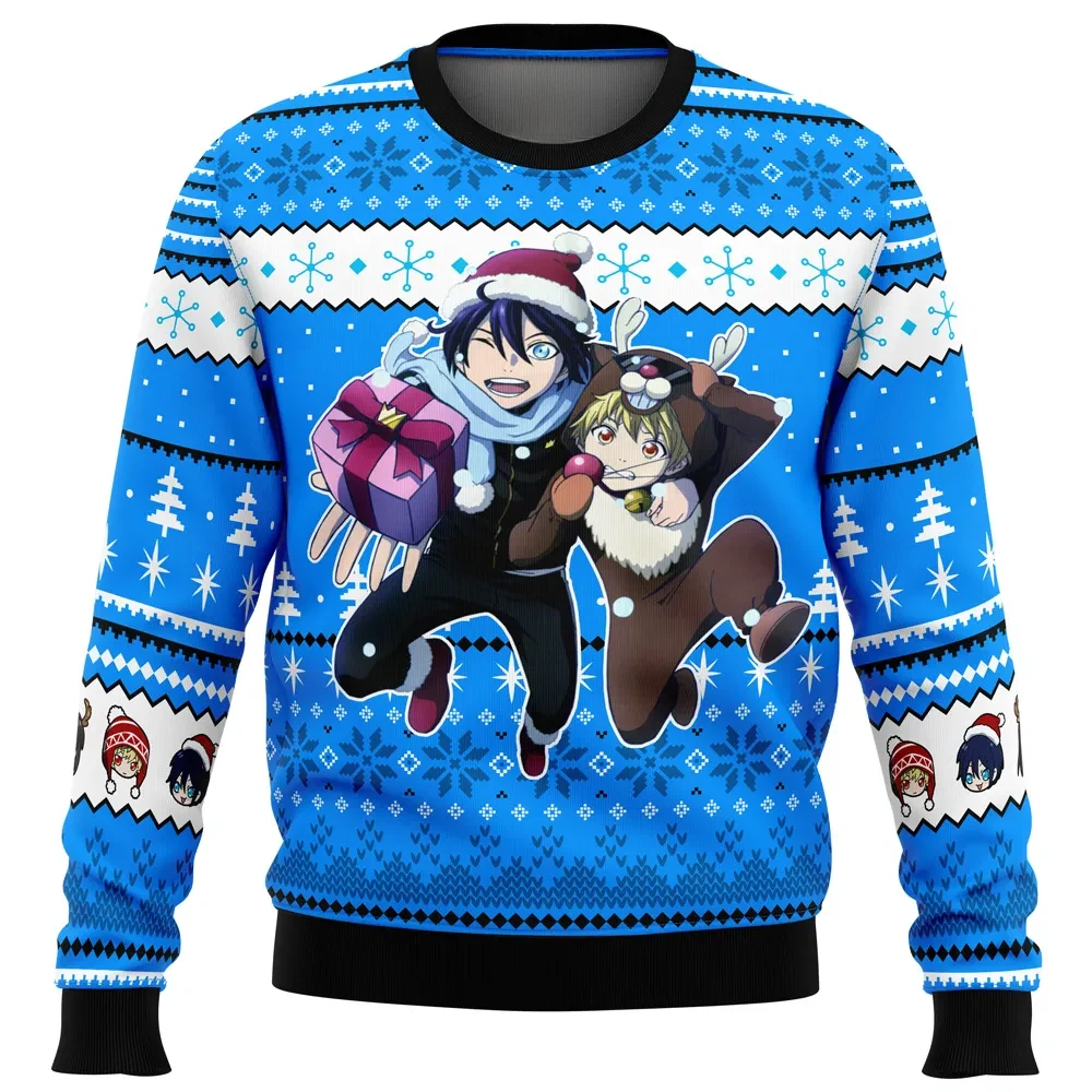 Christmas Noragami Ugly Christmas Sweater, Yato and Yukine Santa and Reindeer Anime Holiday Sweater, Stray God Anime Xmas Gift for Fans