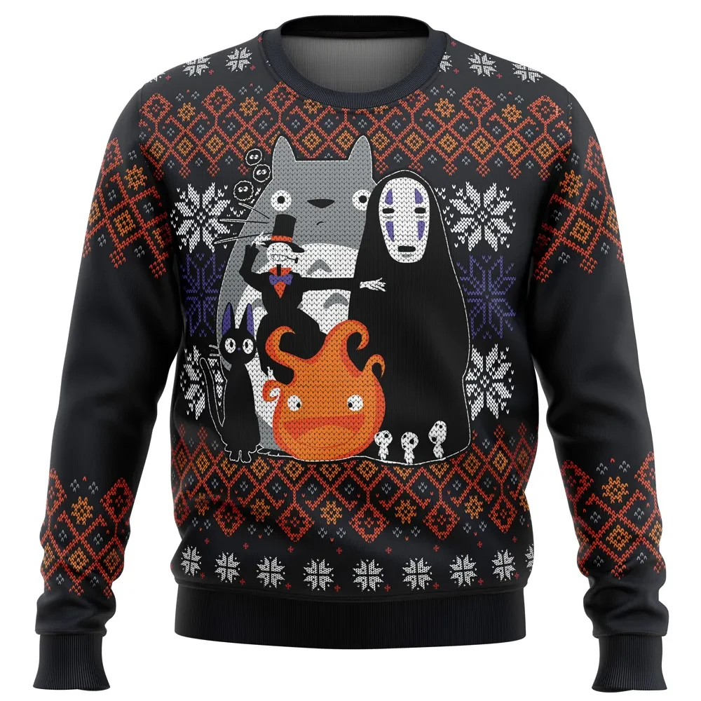 Studio Ghibli Miyazaki Ugly Christmas Sweater, Totoro No Face Calcifer and Jiji Holiday Sweater, All Over Print Xmas Sweatshirt, Anime Gift