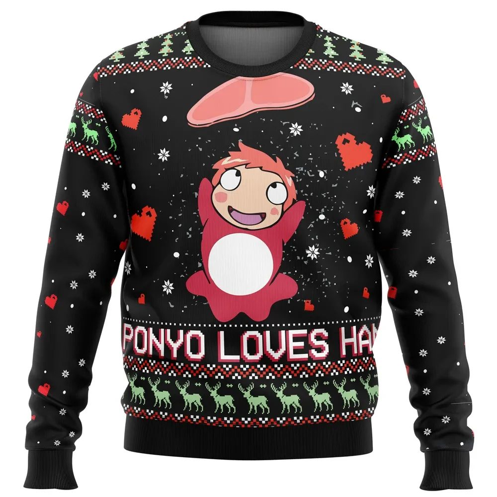 Ponyo Loves Ham Ugly Christmas Sweater, Studio Ghibli Holiday Sweater, Hayao Miyazaki Fish Girl Unisex All Over Print Sweatshirt, Anime Xmas Gift