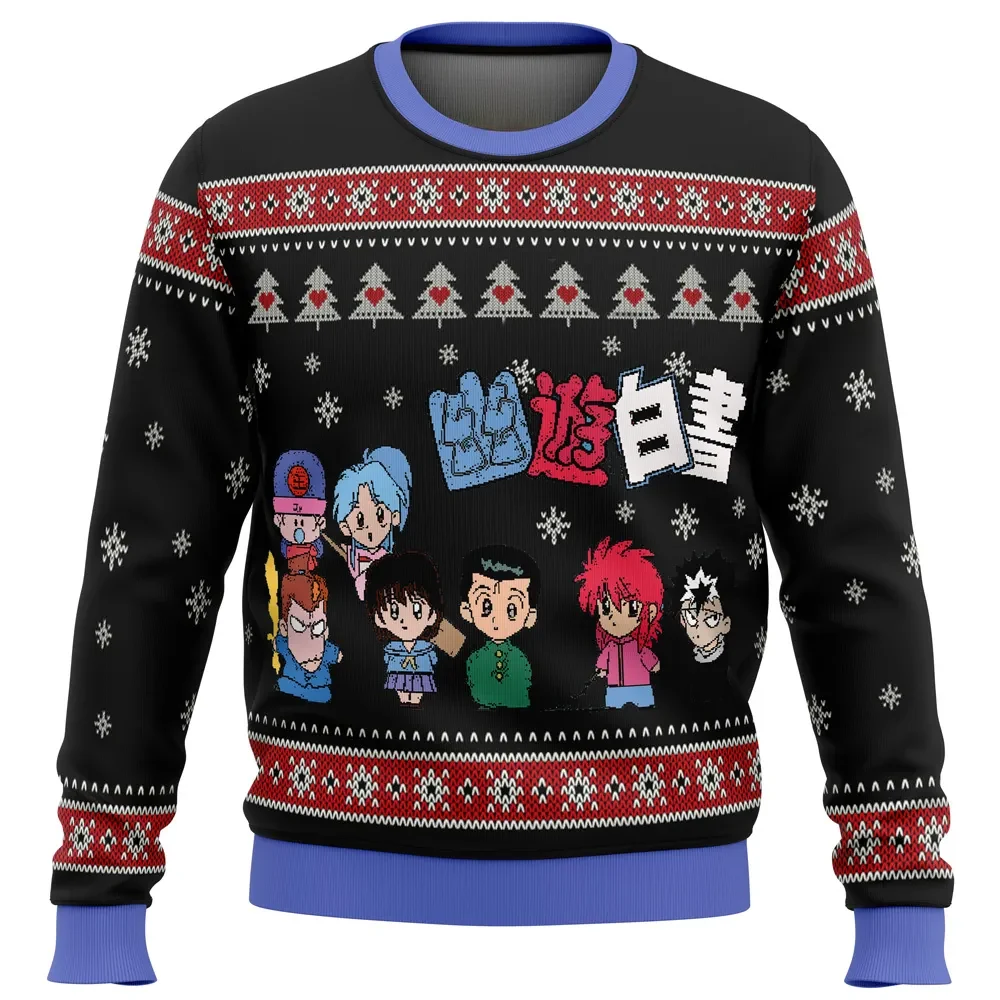 Ghost Fighter YuYu Hakusho Chibis Ugly Christmas Sweater, Yu Yu Hakusho Yusuke Kurama Hiei Holiday Sweater, Spirit Detective Anime Xmas Gift