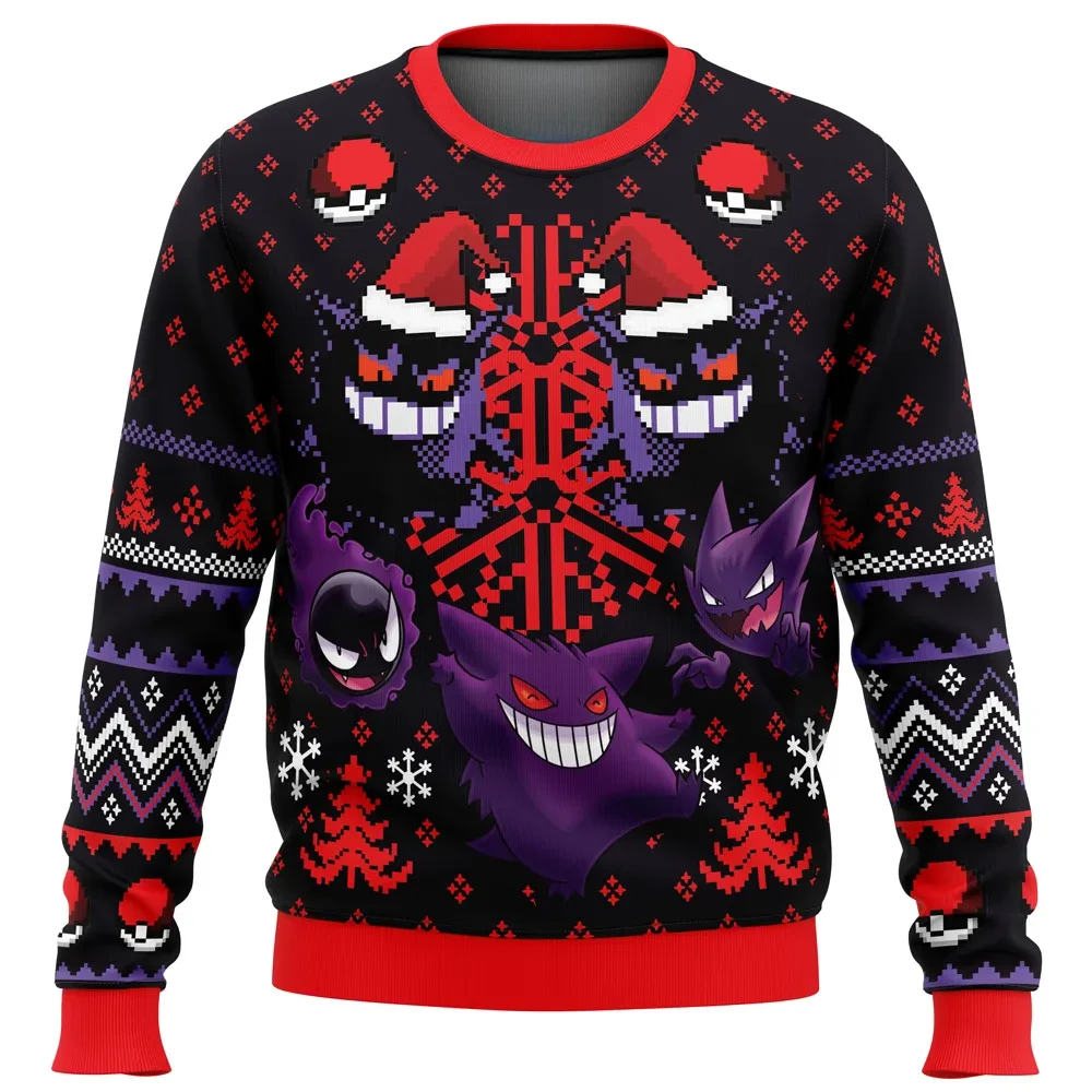 Ghosts Gengar Haunter Gastly Pokemon Ugly Christmas Sweater, Santa Hat Ghost Type Holiday Sweater, Purple Poke Ball Pattern, Gamer Xmas Gift