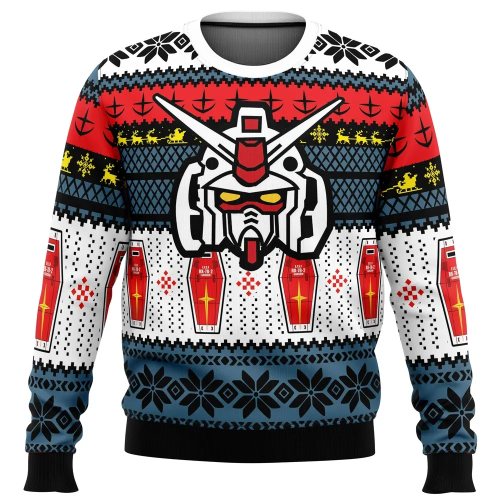 RX-78 Gundam Ugly Christmas Sweater, Mobile Suit Gundam Fair Isle Holiday Sweater, Unisex All Over Print Xmas Sweatshirt, Anime Mecha Gift