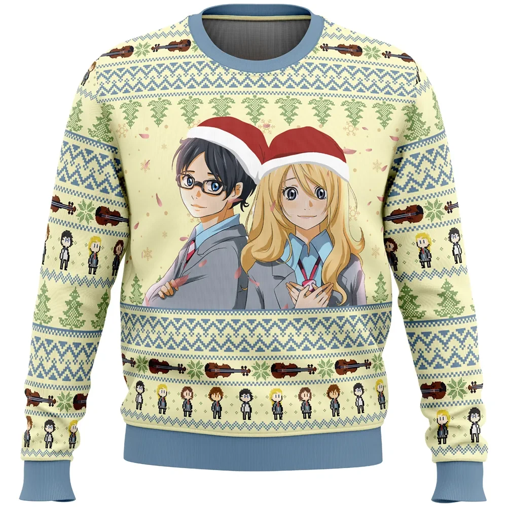 Christmas Your Lie in April Ugly Christmas Sweater, Kousei and Kaori in Santa Hats, Anime Holiday Sweater, Violin Music Xmas Gift for Fans