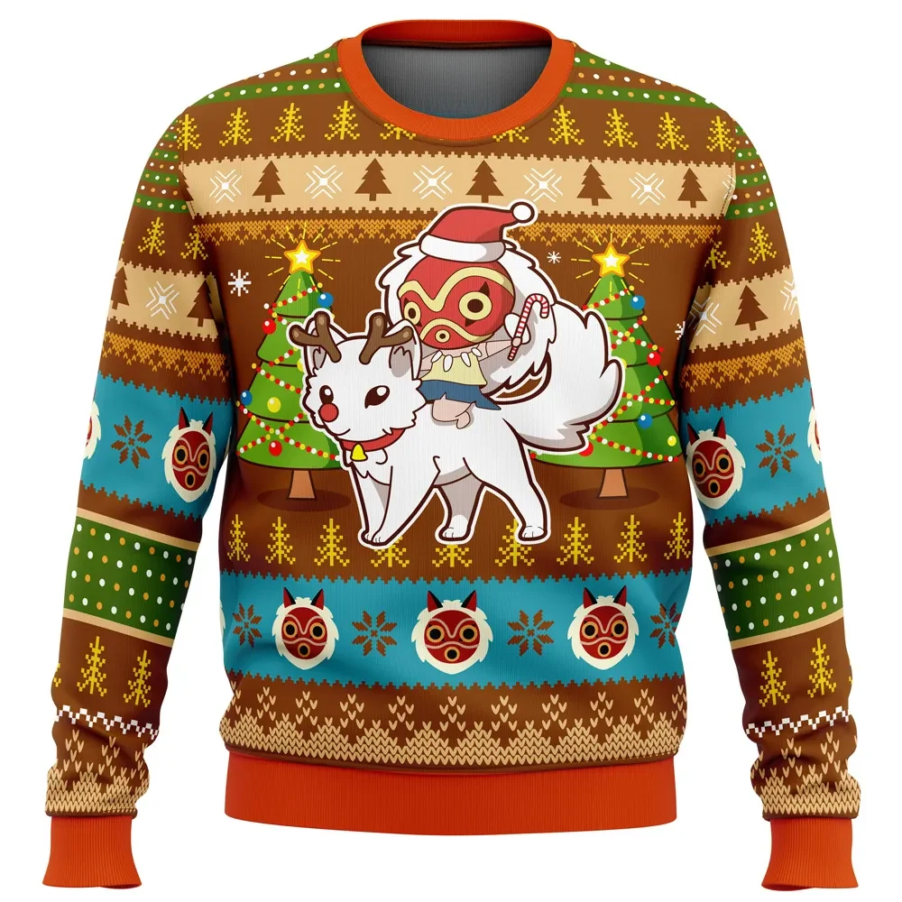 Christmas Mononoke Ugly Christmas Sweater, Princess Mononoke Studio Ghibli San and Wolf Holiday Sweater, Cute Anime Xmas Gift for Fans
