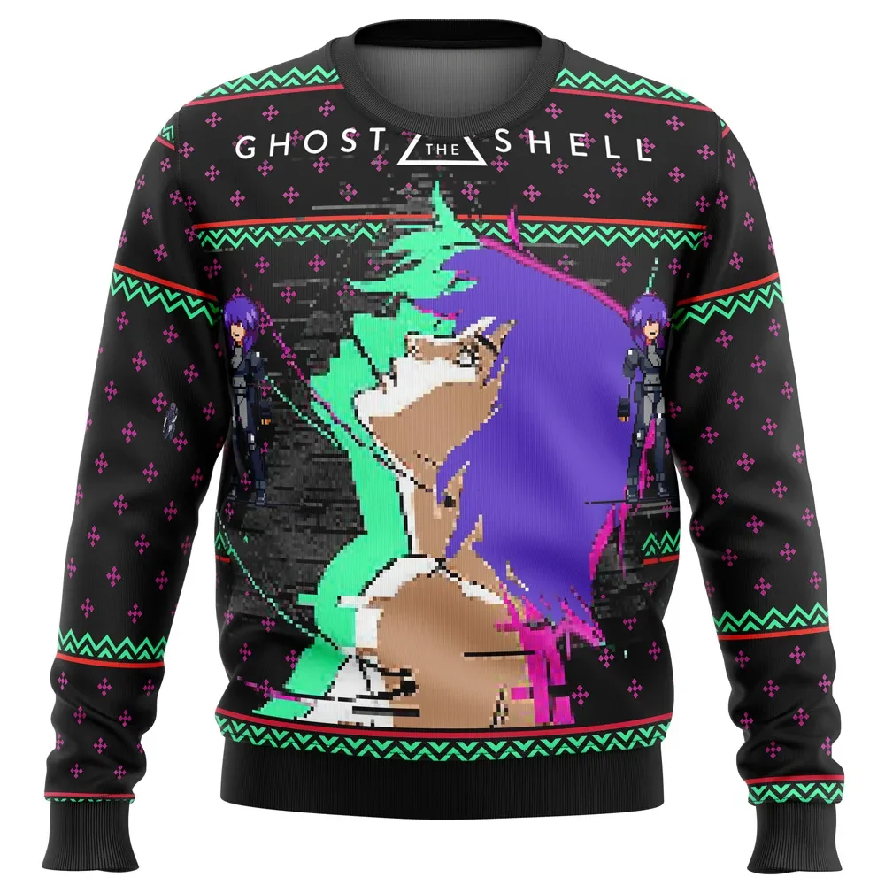 Ghost in the Shell Major Ugly Christmas Sweater, Motoko Kusanagi Glitch Art Anime Holiday Sweater, Cyberpunk Xmas Sweatshirt, Gift for Fans
