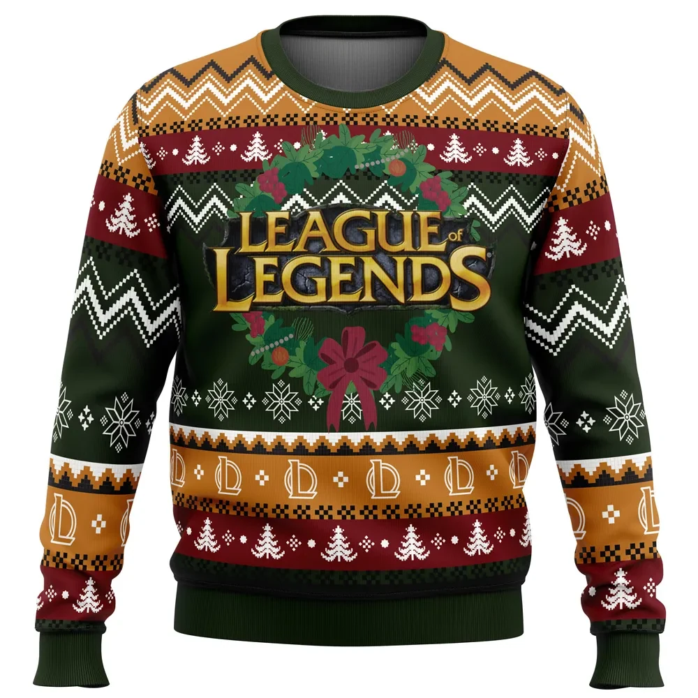 Game on Christmas League of Legends Ugly Christmas Sweater, LoL Logo Wreath Holiday Sweater, Summoner's Rift Gamer Xmas Gift for Players