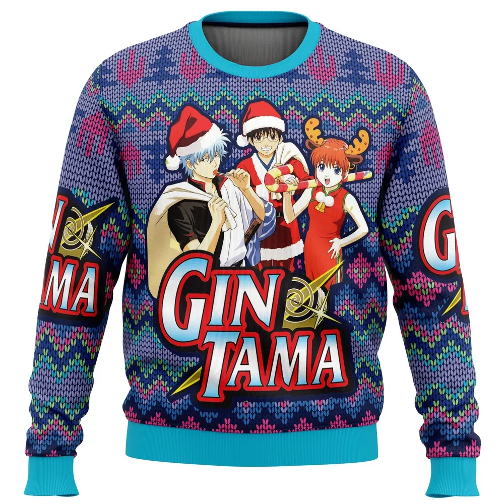 Gintama Ugly Christmas Sweater, Gintoki Shinpachi Kagura Anime Holiday Sweater, Anime Xmas Gift, Yorozuya Unisex All Over Print Pullover
