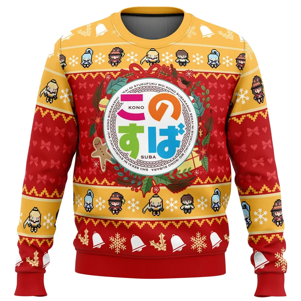 Wonderful Christmas Konosuba Ugly Christmas Sweater, Kazuma Aqua Megumin Darkness Anime Holiday Sweatshirt, Unisex Anime Xmas Gift for Fans