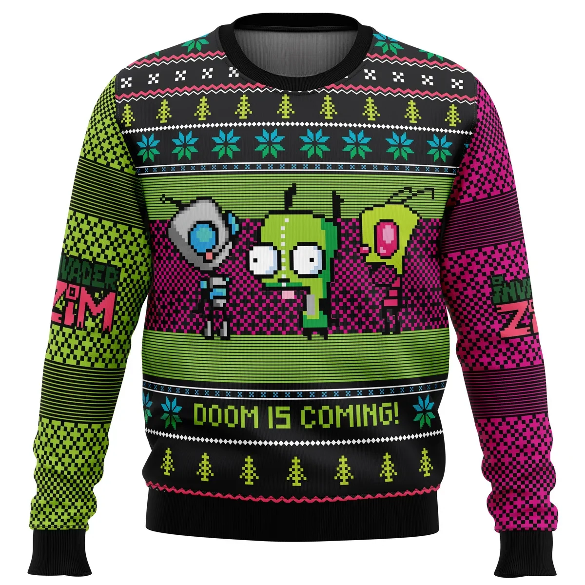Invader Zim Doom Is Coming Ugly Christmas Sweater, Invader Zim Holiday Sweater, GIR Pixel Art in Green and Pink, Cartoon Xmas Gift