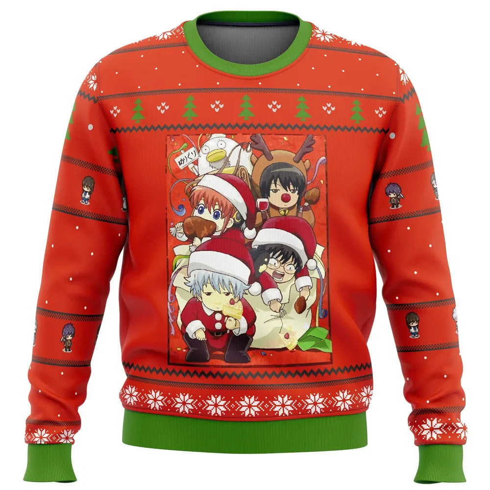Gintama Ugly Christmas Sweater, Gintoki Kagura Shinpachi Santa Chibi Holiday Sweatshirt, Anime Xmas Party Gift for Odd Jobs Fans