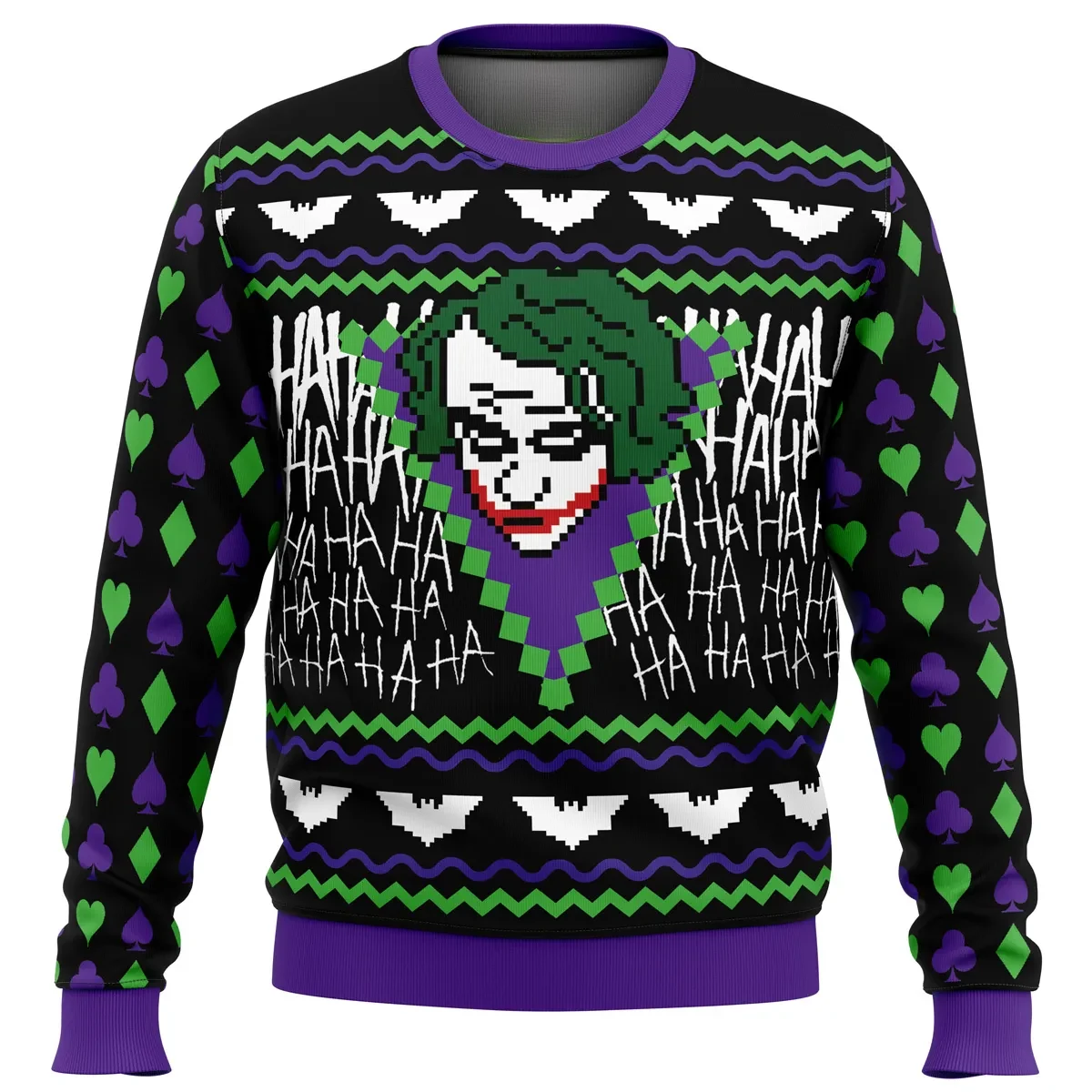 The Joker Ugly Christmas Sweater, Batman Holiday Sweater, Pixel Joker HAHAHA Bat Emblem, DC Villain Movie Xmas Gift for Comic Fans