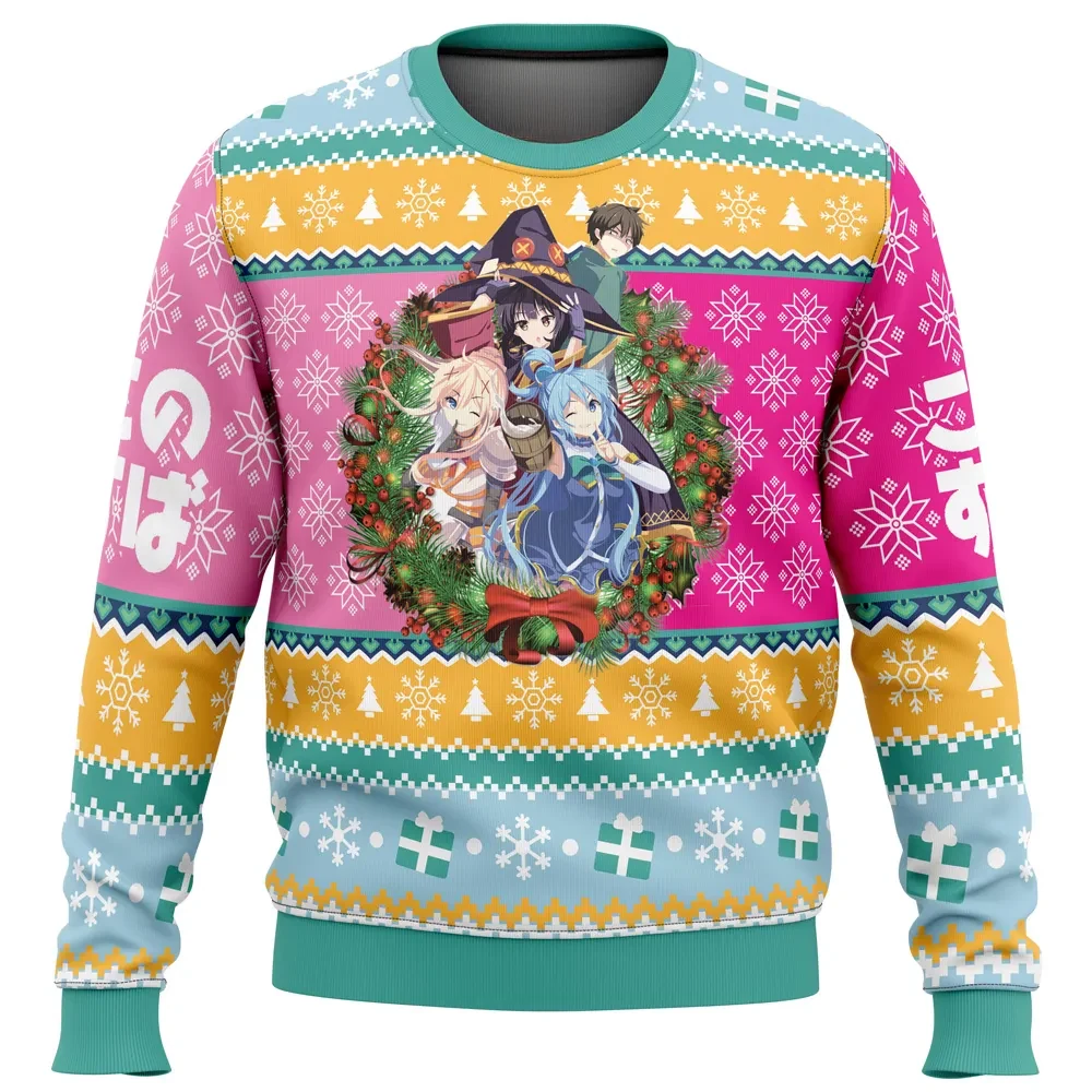 Christmas Spirit Konosuba Ugly Christmas Sweater, Kazuma Aqua Megumin Darkness Holiday Sweater, Anime Xmas Gift, Unisex All Over Print Pullover