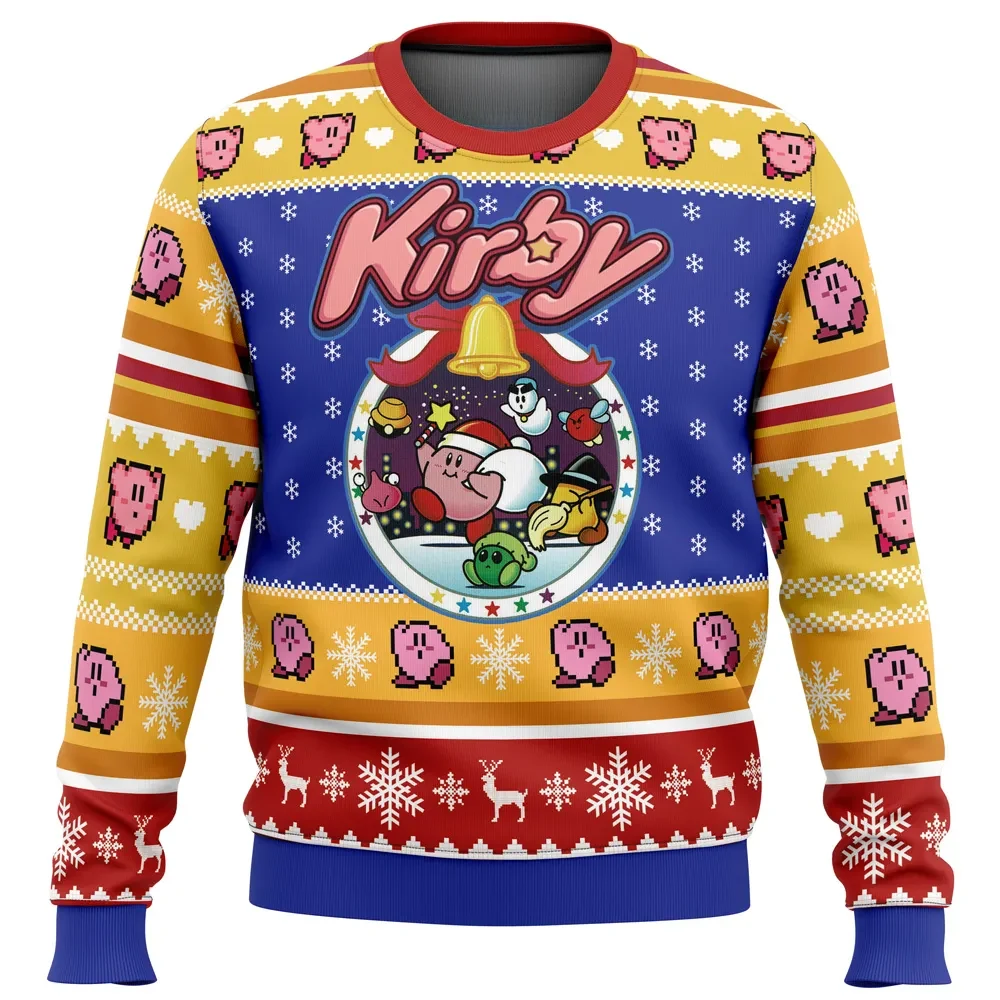 Pink Puff Christmas Kirby Ugly Christmas Sweater, Santa Hat Kirby and Friends Holiday Sweatshirt, Unisex Gamer Xmas Gift for Nintendo Fans
