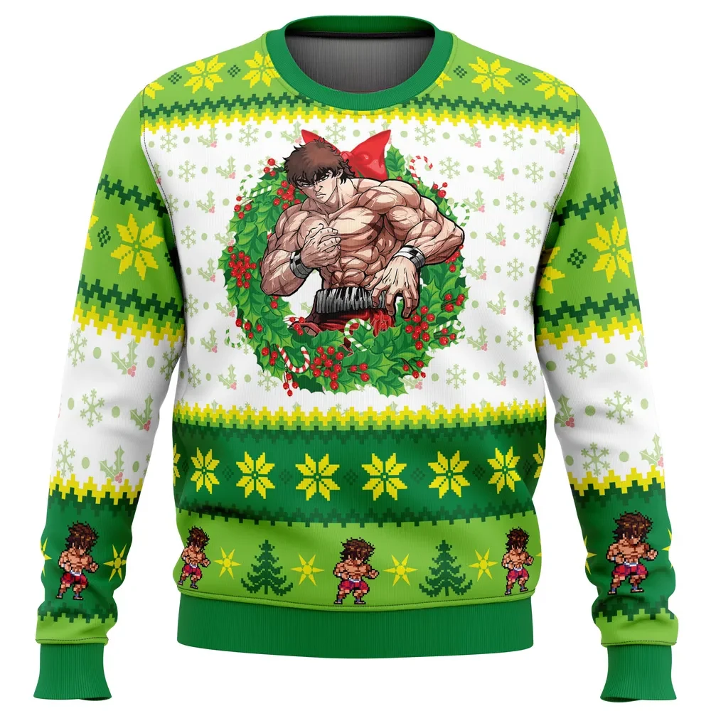 Christmas Season Baki Ugly Christmas Sweater, Baki the Grappler Holiday Sweater, Hanma Holly Wreath Design, Martial Arts Anime Xmas Gift