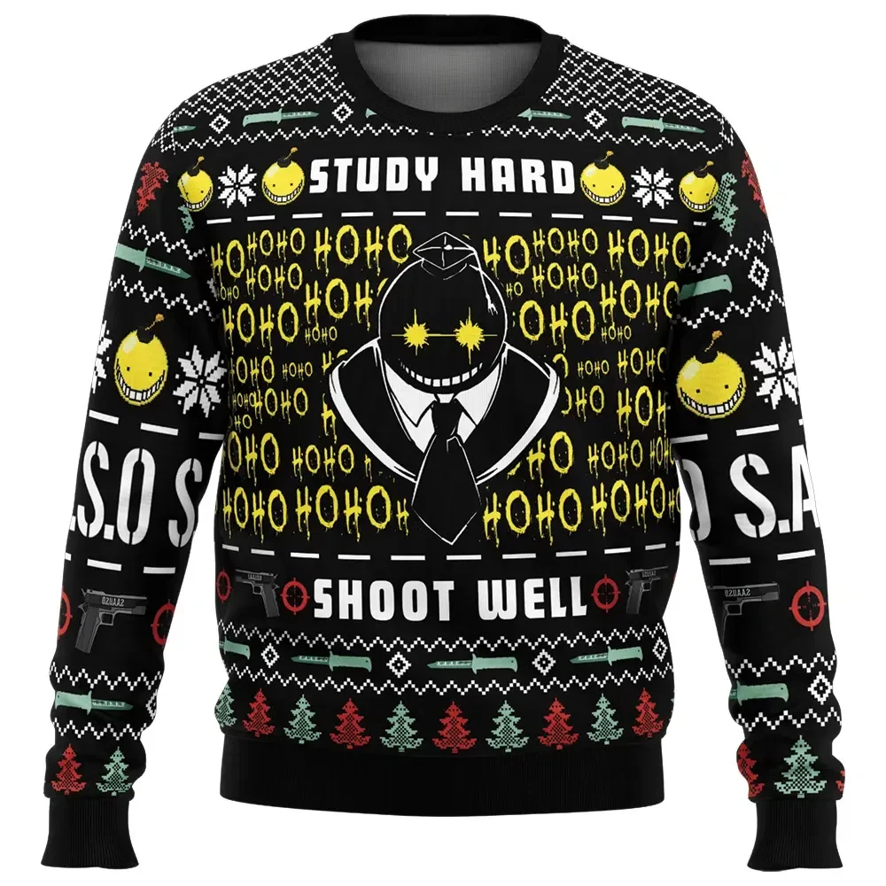 Study Hard Shoot Well Assassination Classroom Ugly Christmas Sweater, Koro-sensei Anime Holiday Sweater, Unisex Xmas Jumper