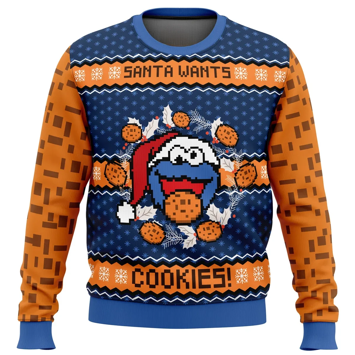 Santa Wants Cookies Cookie Monster Ugly Christmas Sweater, Sesame Street Holiday Sweater, Retro Pixel Xmas Gift for Kids at Heart