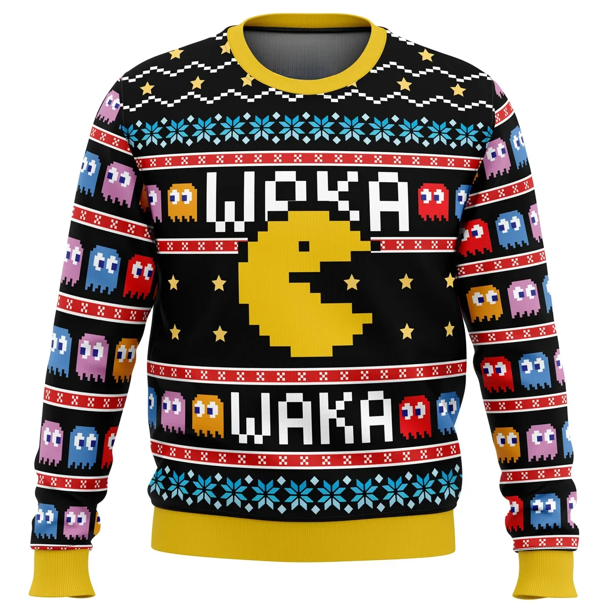 Waka Waka Pac-Man Ugly Christmas Sweater, Retro Arcade Gamer Holiday Sweater, Blinky Pinky Inky Clyde Ghosts, Video Game Xmas Gift