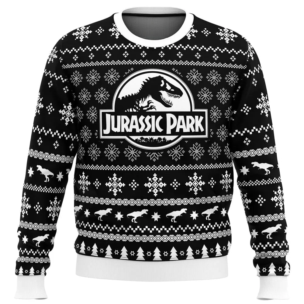 Skeleton Christmas Jurassic Park Ugly Christmas Sweater, T-Rex Dinosaur Holiday Sweater, Fossil Skeleton Back Print, Movie Xmas Gift for Fans