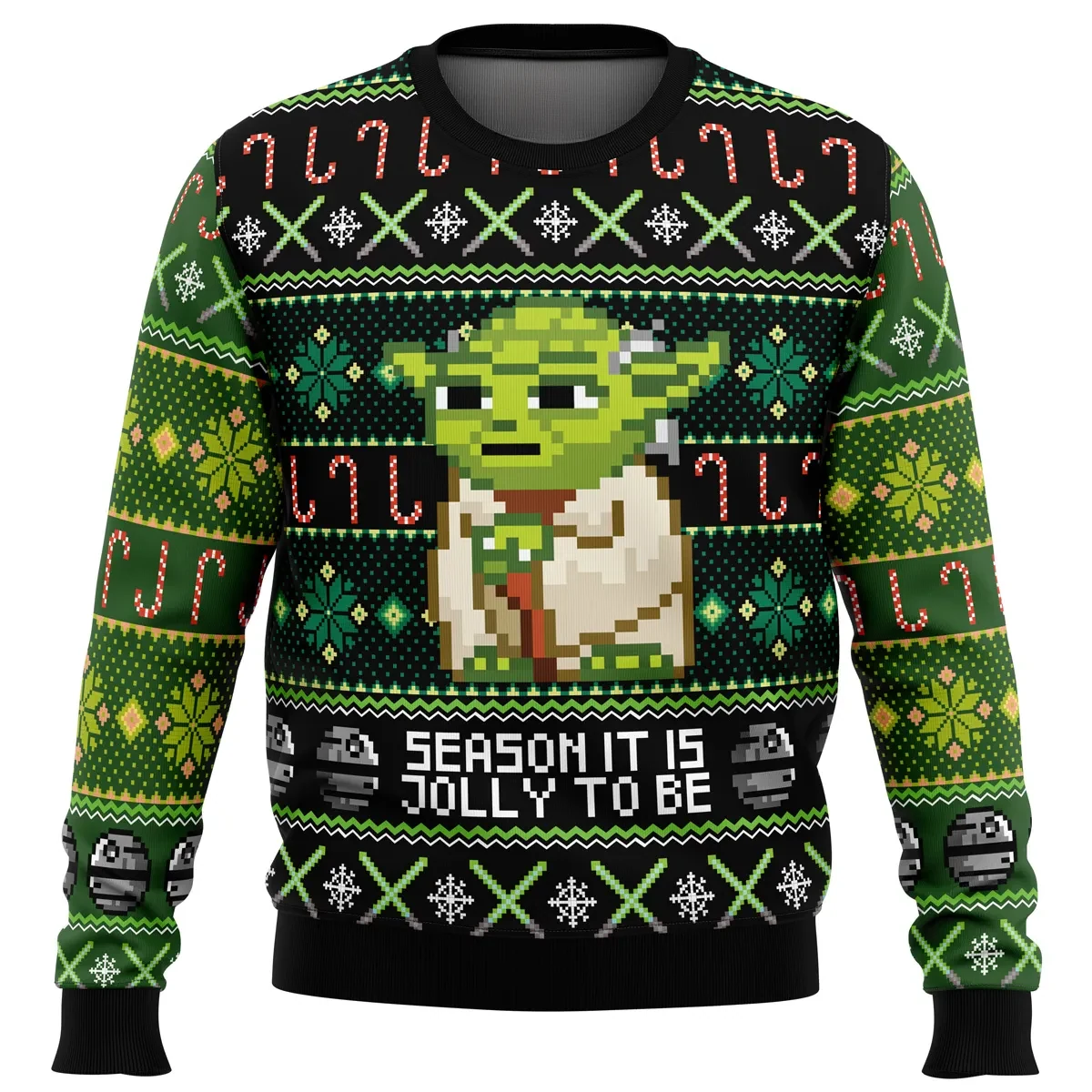 Season It Is Jolly To Be Yoda Ugly Christmas Sweater, Star Wars Holiday Sweater, Pixel Art Movie Xmas Gift, Unisex All Over Print Sweatshirt