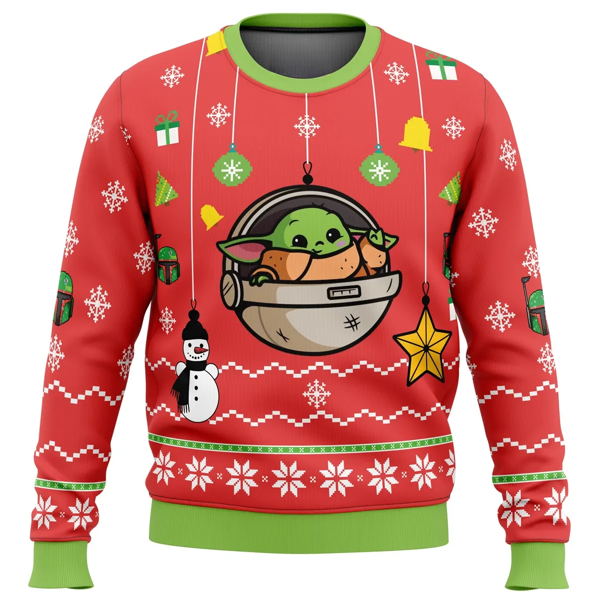 Baby Yoda Ugly Christmas Sweater, The Mandalorian Star Wars Holiday Sweater, Grogu Movie Xmas Gift, Unisex All Over Print Pullover with Ornaments