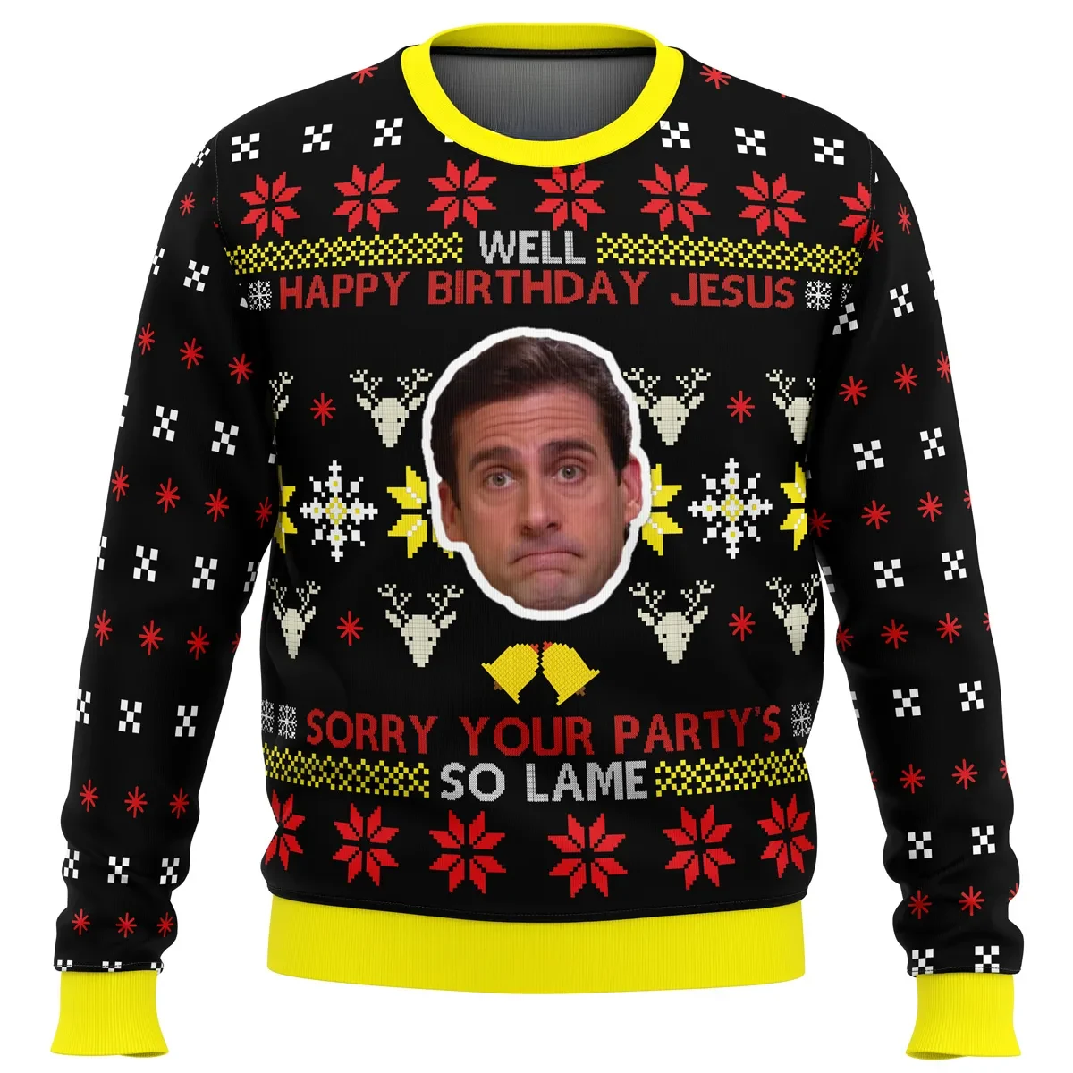Well Happy Birthday Jesus Michael Scott The Office Ugly Christmas Sweater, Funny TV Show Holiday Sweater, Unisex All Over Print Xmas Sweater
