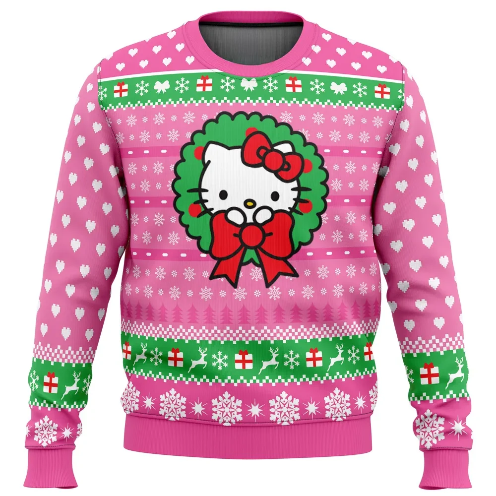 Cute Christmas Hello Kitty Ugly Christmas Sweater, Sanrio Holiday Sweater, Pink Wreath and Santa Hat, Kawaii Xmas Gift, Unisex All Over Print Top