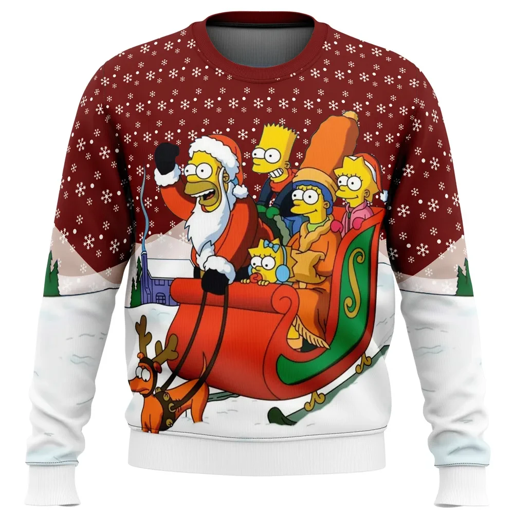 Dashing Through the Snow The Simpsons Ugly Christmas Sweater, Simpsons Family Cartoon Holiday Sweater, Unisex All Over Print Xmas Jumper
