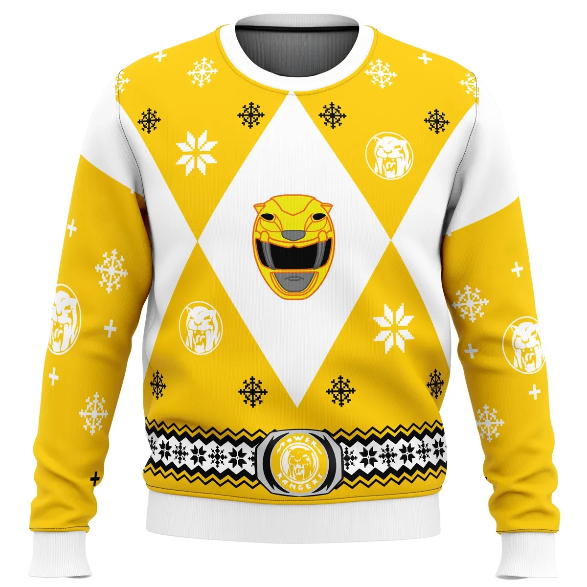 Mighty Morphin Power Rangers Yellow Ranger Ugly Christmas Sweater, Power Rangers Suit Holiday Sweatshirt, Unisex Retro TV Xmas Gift for Fans
