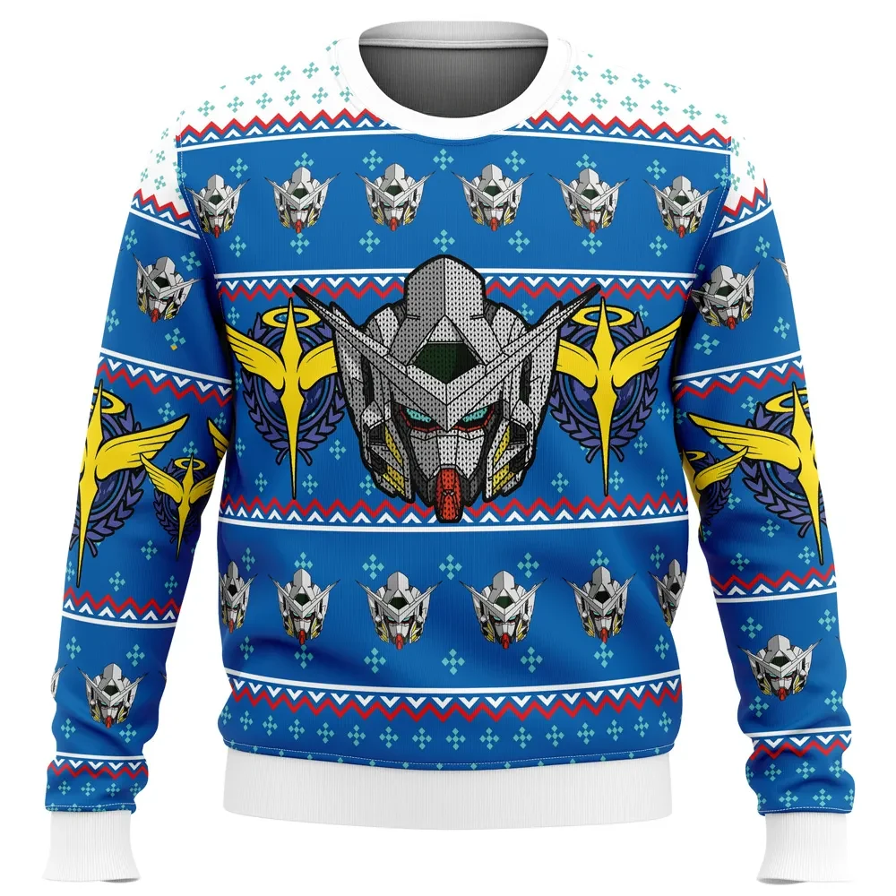 Gundam Helmet Ugly Christmas Sweater, Gundam 00 Exia Celestial Being Holiday Sweater, Unisex All Over Print Anime Mecha Xmas Gift for Fans