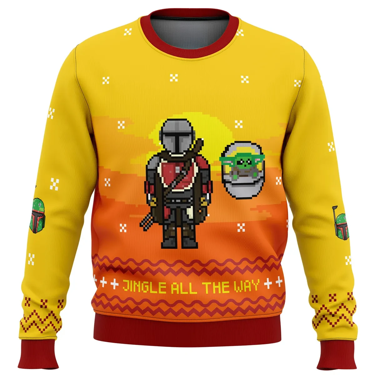 Jingle All The Way Mandalorian Ugly Christmas Sweater, Star Wars Grogu Holiday Sweater, Pixel Art Boba Fett Helmet Pullover, Xmas Gift for Fans