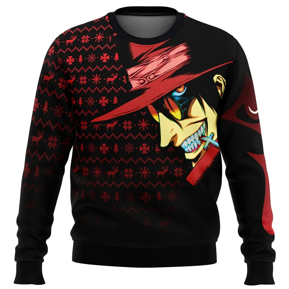Dark Fantasy Alucard Hellsing Ugly Christmas Sweater, Grinning Vampire Hellsing Anime Holiday Sweatshirt, Unisex Anime Xmas Gift for Fans