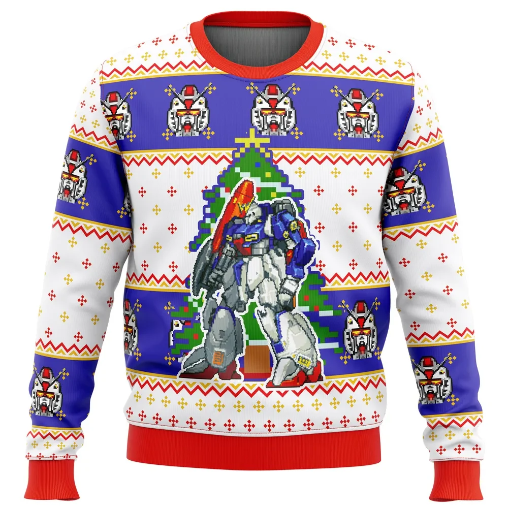 Gundam Xmas Ugly Christmas Sweater, Mobile Suit Gundam Pixel Tree Anime Holiday Sweater, Mecha Robot Sweatshirt, Gift for Gunpla Fans