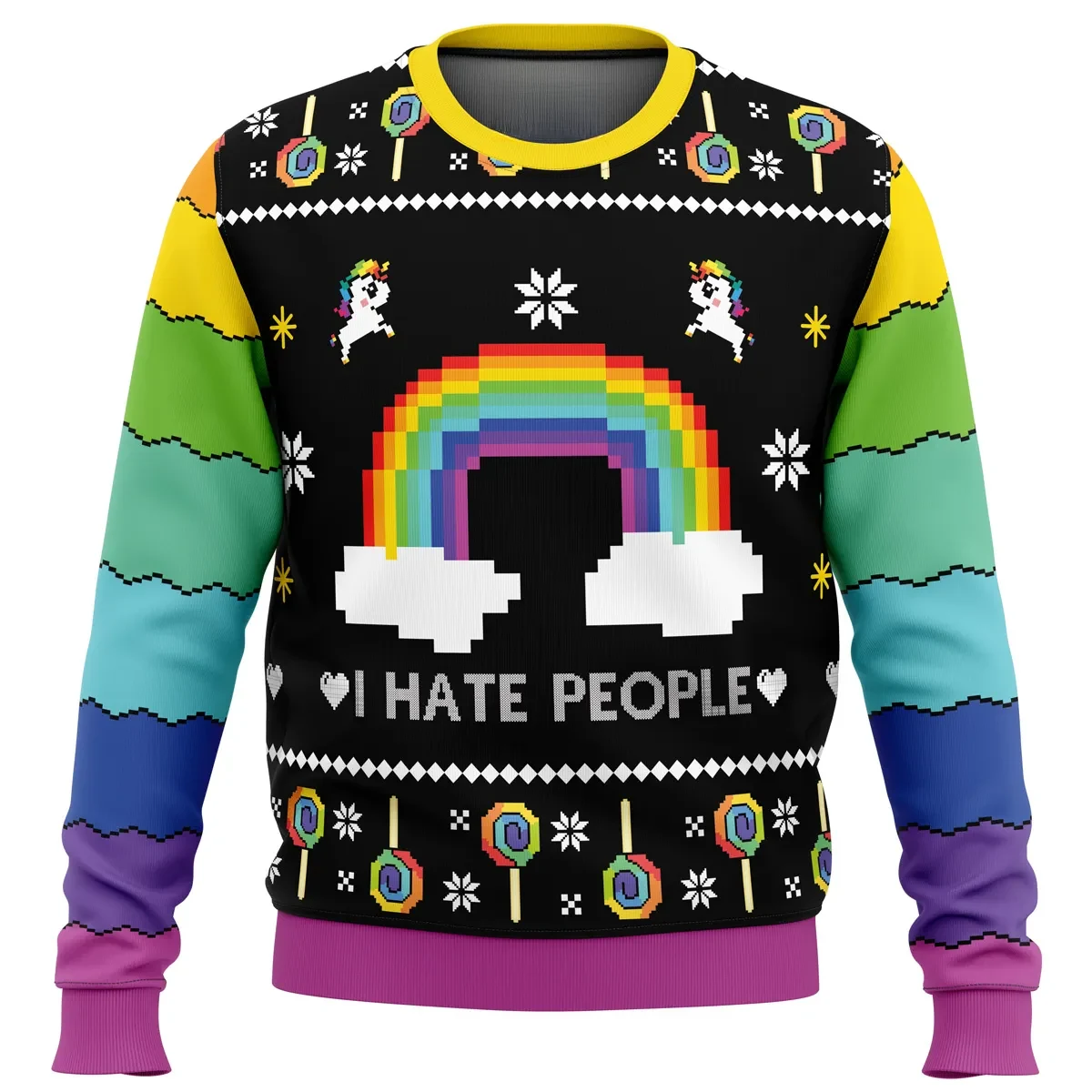 I Hate People Ugly Christmas Sweater, Funny Rainbow Unicorn Holiday Sweater, Sarcastic Pixel Art Xmas Gift for Introverts and Grumpy Friends