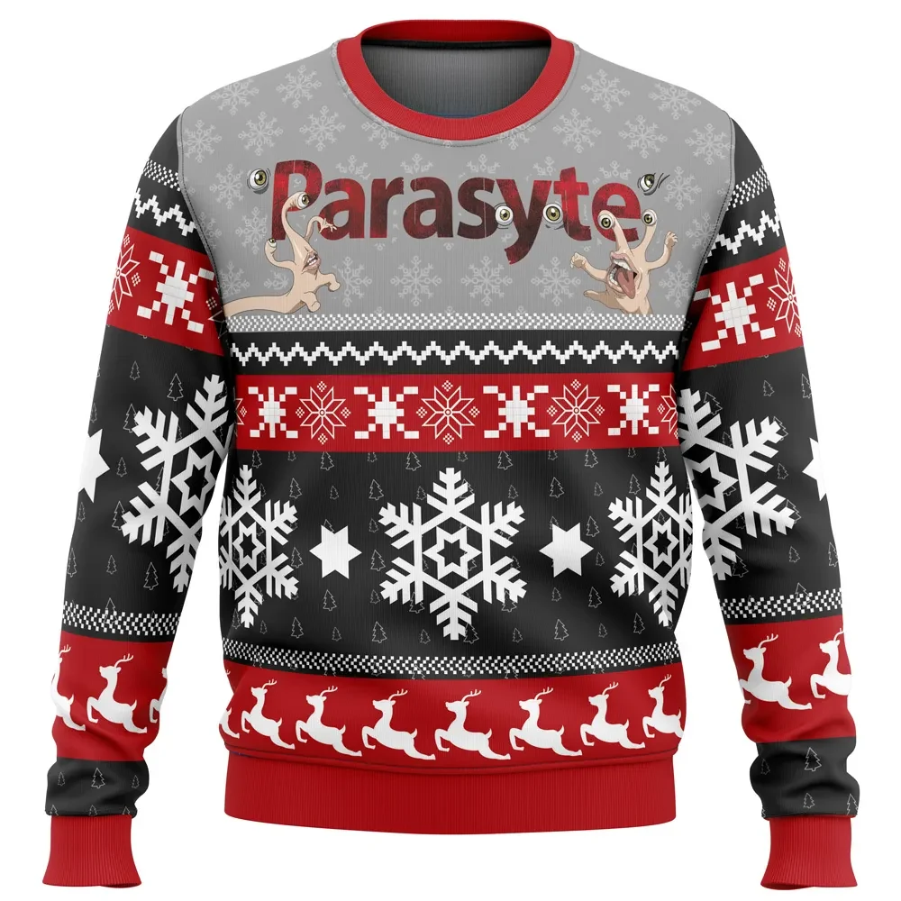 The Maxim Parasyte Ugly Christmas Sweater, Parasyte Holiday Sweater, Migi in Santa Hat on Back, Anime Xmas Gift for Sci-Fi Horror Fans
