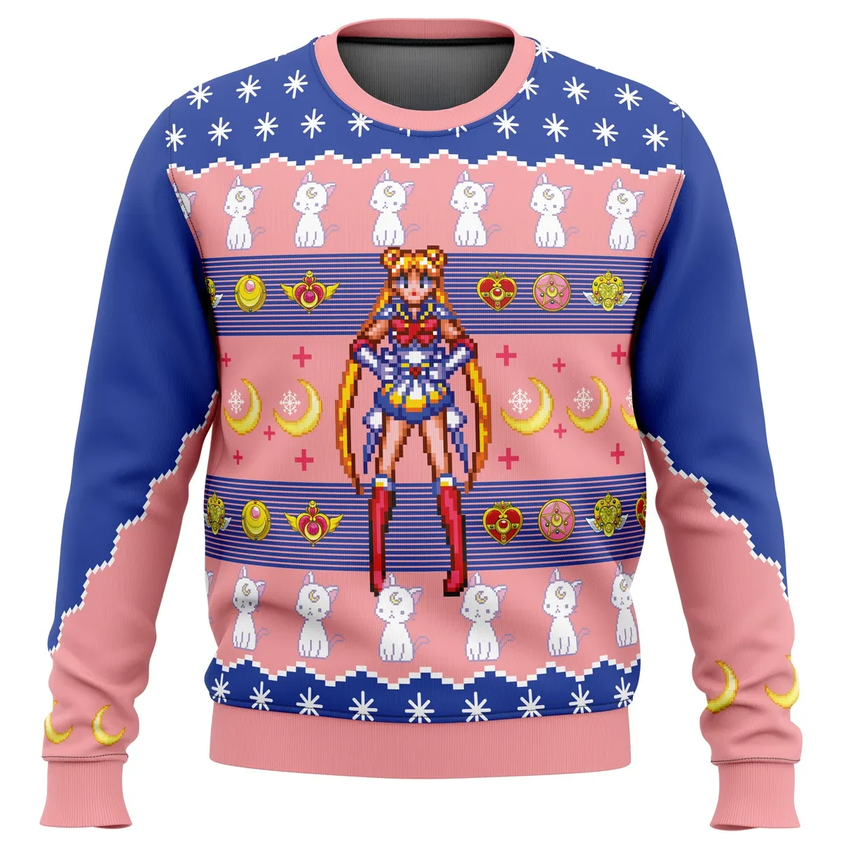 Sailor Moon Ugly Christmas Sweater, Usagi Tsukino Pixel Holiday Sweater with Luna and Artemis, Unisex Anime Xmas Gift for Moonies