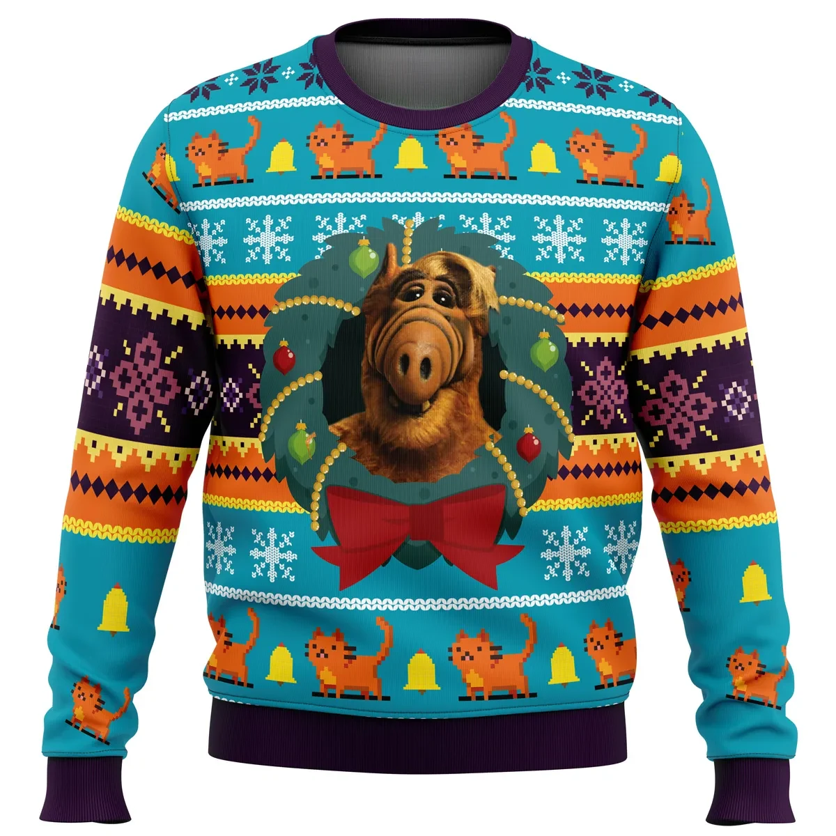 ALF Ugly Christmas Sweater, Retro 80s Sitcom Holiday Sweater, ALF in a Christmas Wreath, TV Show Xmas Gift, Unisex All Over Print Sweatshirt