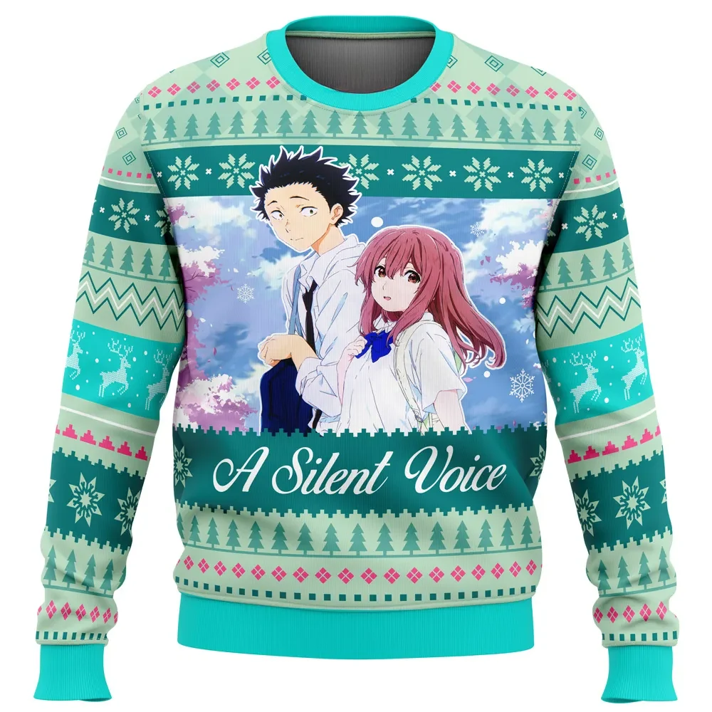 Shouko and Shouya A Silent Voice Ugly Christmas Sweater, Koe no Katachi Anime Holiday Sweater, Teal Reindeer Xmas Sweatshirt, Gift for Fans