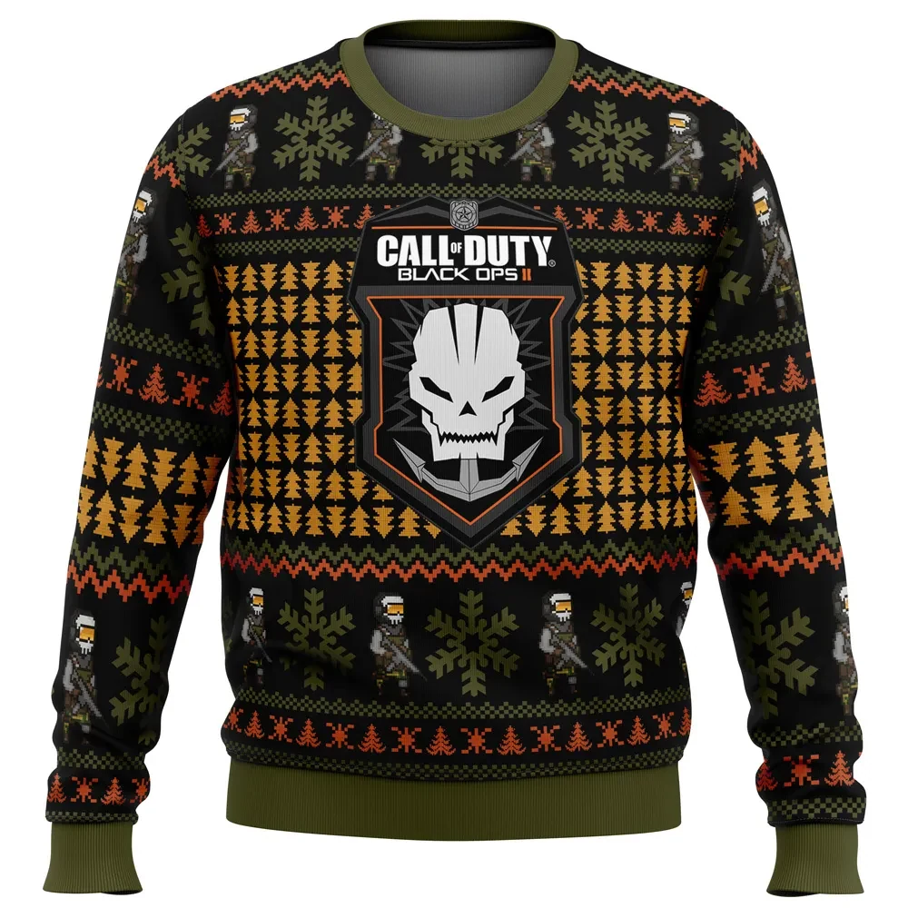 Black Ops 2 Call of Duty Ugly Christmas Sweater, Skull Emblem Holiday Sweater, Unisex All Over Print Gamer Xmas Gift for FPS Fans