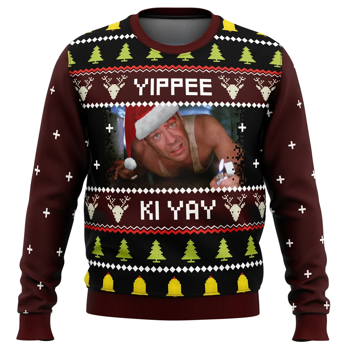 Yippee Ki Yay Die Hard Ugly Christmas Sweater, John McClane Christmas Movie Holiday Sweater, Santa Hat Vent Scene Xmas Gift for Action Fans