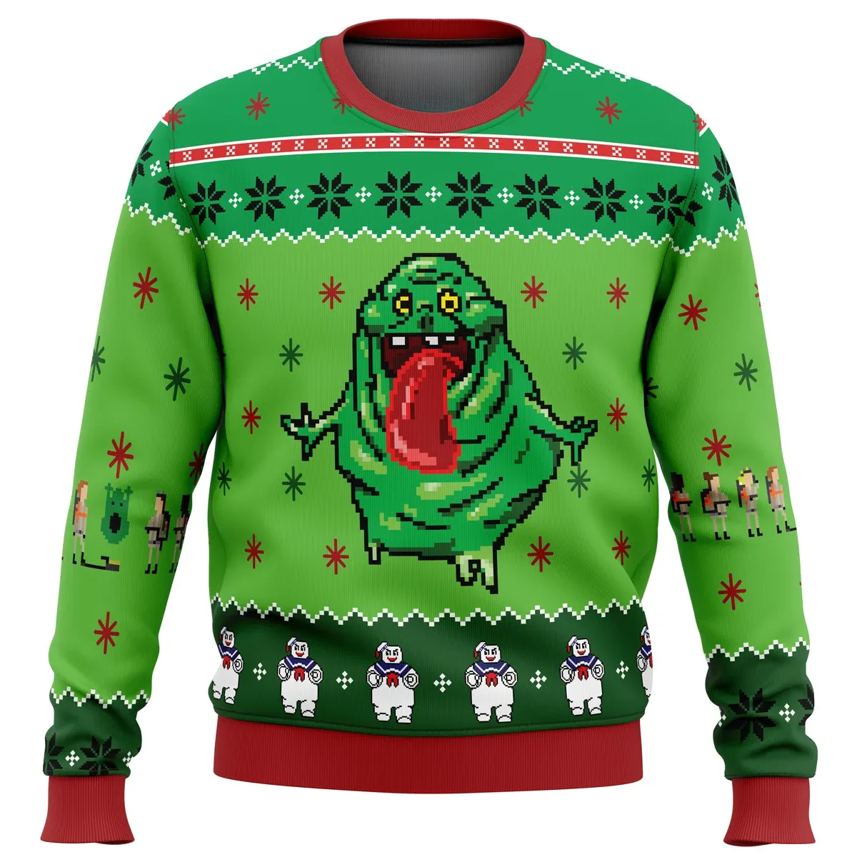 Ghostbusters Slimer Ugly Christmas Sweater, Stay Puft Marshmallow Man Holiday Sweater, 80s Movie Xmas Gift, Unisex All Over Print Pullover