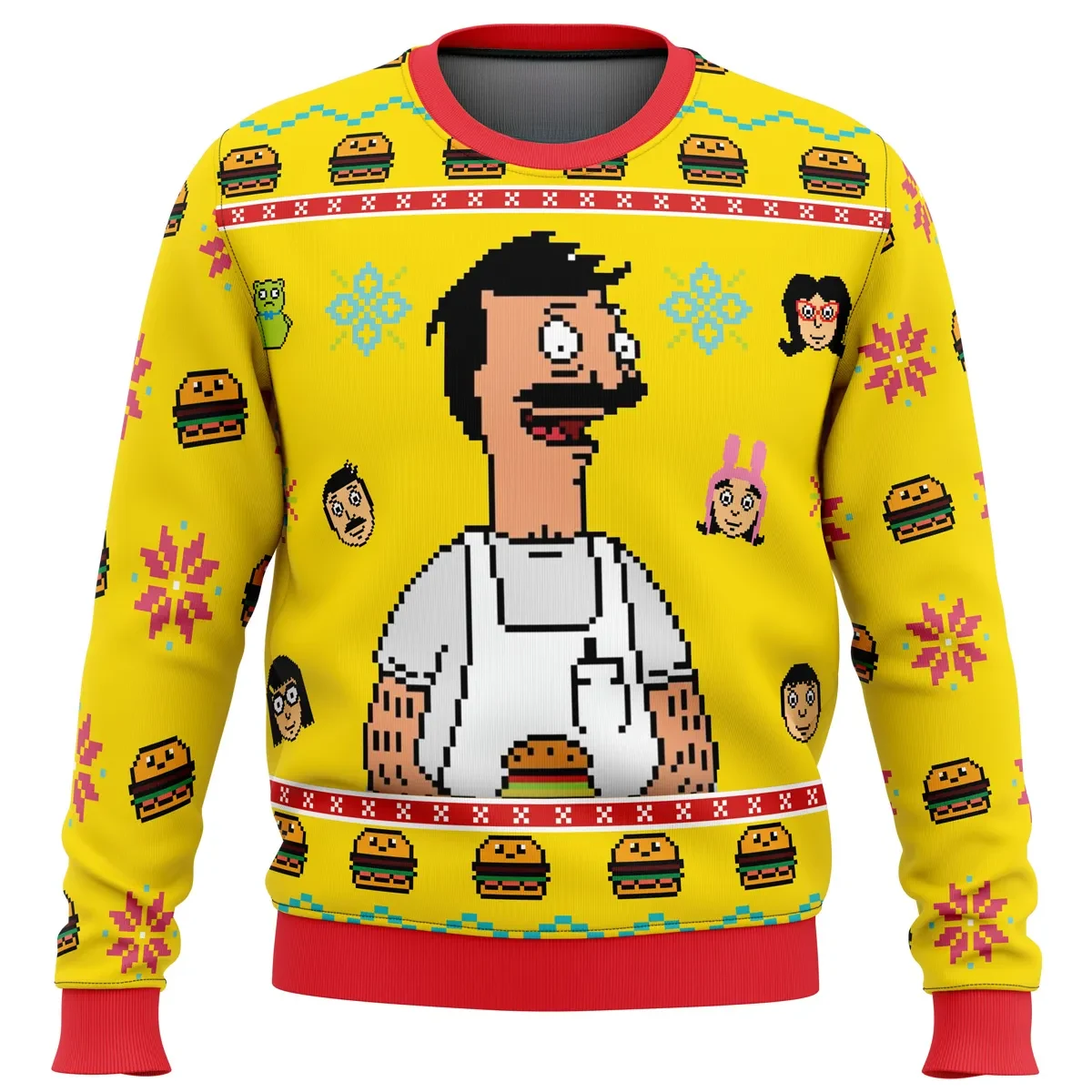 Bob's Burgers Ugly Christmas Sweater, Bob Belcher Cartoon Holiday Sweater, Pixel Art Belcher Family TV Show Xmas Gift for Fans