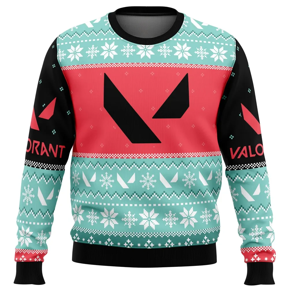 Play As One Valorant Ugly Christmas Sweater, Valorant V Logo Gamer Holiday Sweater, Mint and Coral Esports Xmas Gift, Unisex Pullover