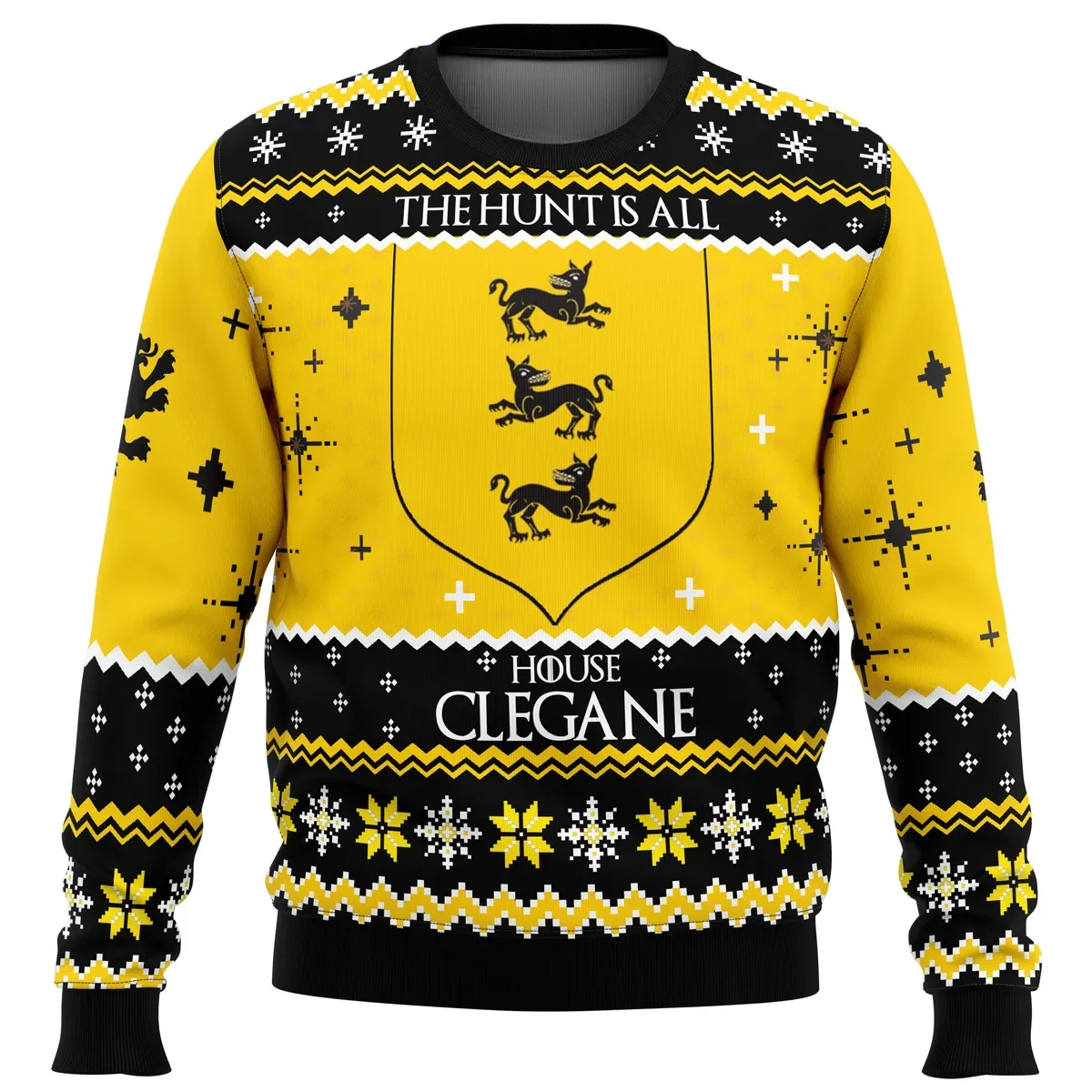 House Clegane The Hunt Is All Ugly Christmas Sweater, Three Hounds Sigil Game of Thrones Holiday Sweater, Fantasy TV Show Xmas Gift