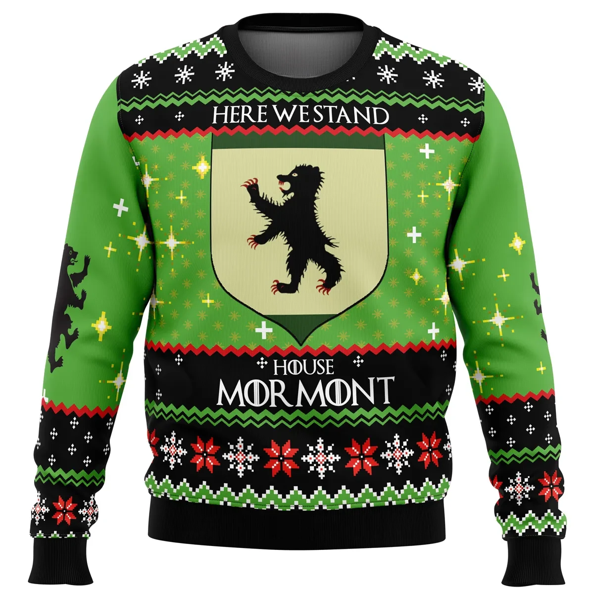 Game of Thrones House Mormont Ugly Christmas Sweater, Here We Stand Bear Sigil Holiday Sweater, Unisex All Over Print Pullover, GOT Xmas Gift