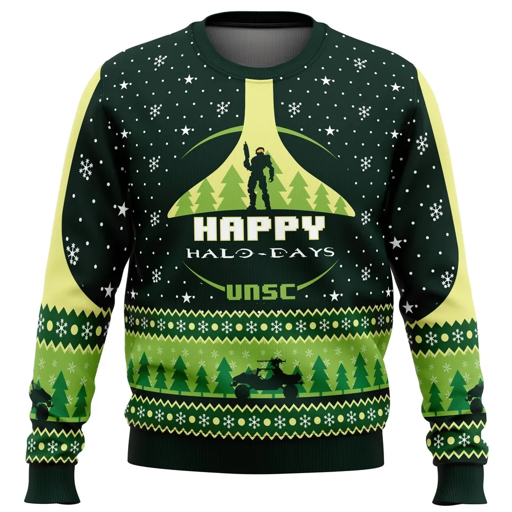 Happy Halo-Days Halo UNSC Ugly Christmas Sweater, Master Chief and Warthog Holiday Sweater, Unisex All Over Print Xmas Sweatshirt, Gamer Gift