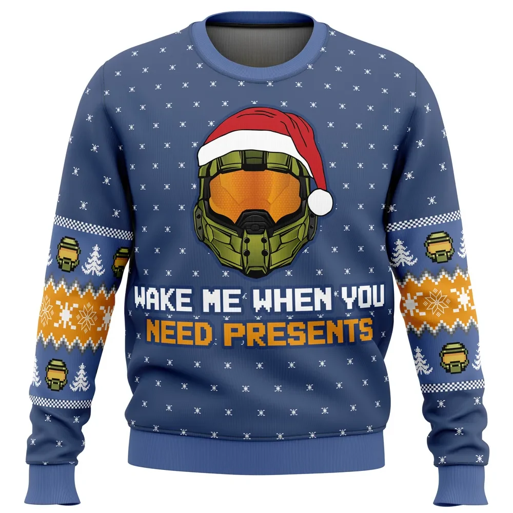 Wake Me When You Need Presents Halo Ugly Christmas Sweater, Master Chief in a Santa Hat Holiday Sweater, Xbox Gamer Xmas Gift for Spartans